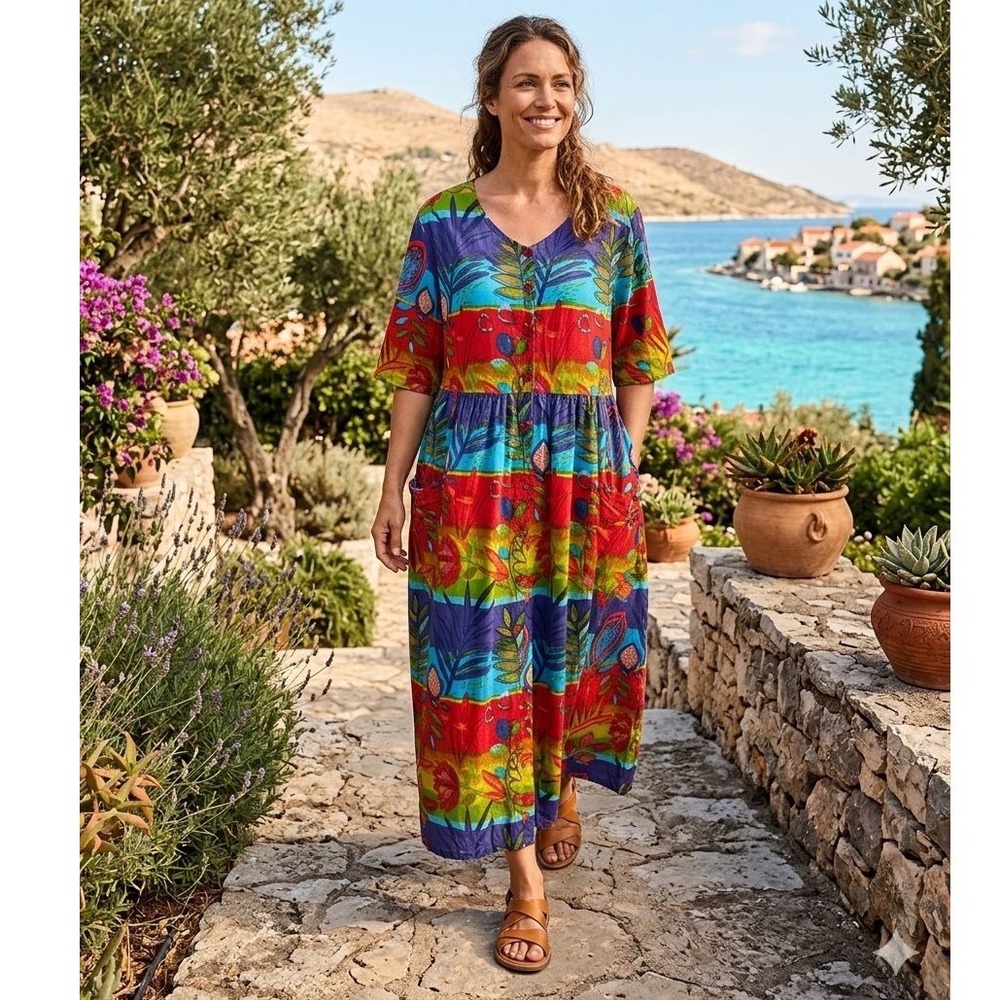 Phases Vintage Cotton Tropical Floral Maxi Dress Red Blue Green Nepal Large